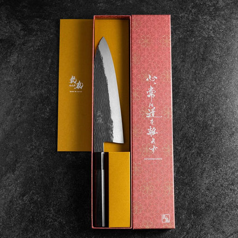 Gyuto White Steel #1 Kurouchi Tsuchime Buffalo Ebony Handle 210mm-[Musashi]-[Japanese-Kitchen-Knives]