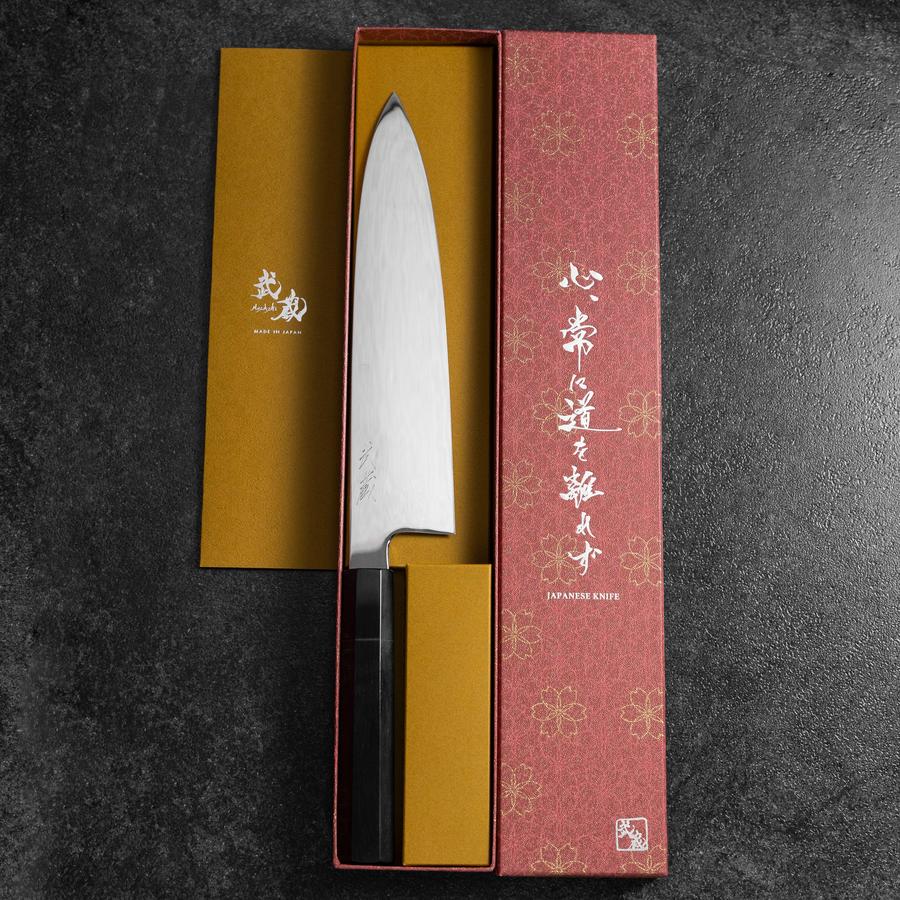 牛刀白紙1號鋼鏡面月亮富士水本燒黑檀水牛柄鞘240mm – MUSASHI