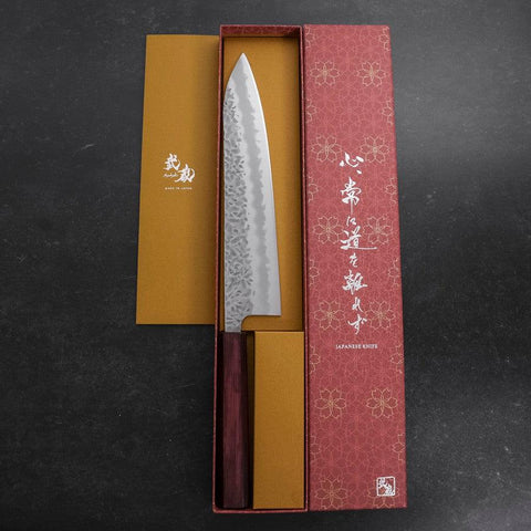 Gyuto White Steel #1 Stainless Clad Tsuchime Purple Urushi Handle 240mm (9.4”)-[Musashi]-[Japanese-Kitchen-Knives]