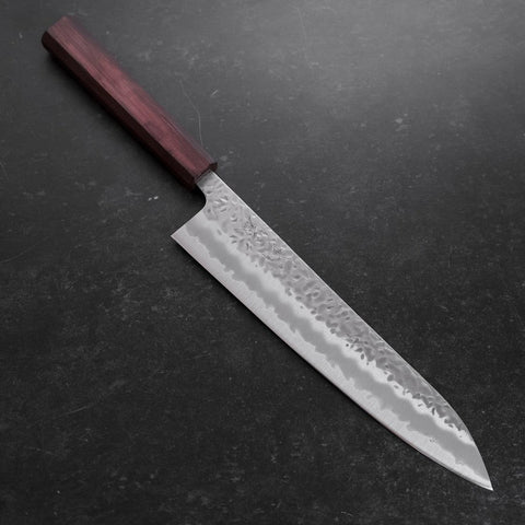 Gyuto White Steel #1 Stainless Clad Tsuchime Purple Urushi Handle 240mm (9.4”)-[Musashi]-[Japanese-Kitchen-Knives]
