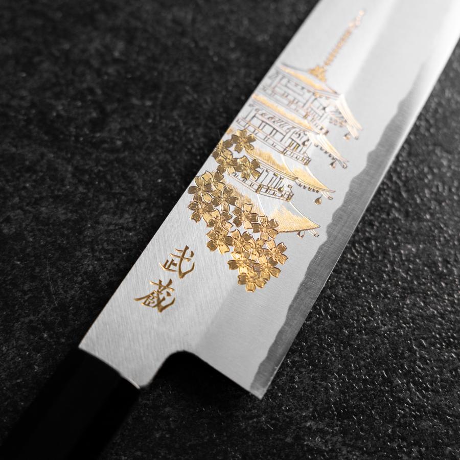 Gyuto White Steel #2 Chokin Kasumi Pagoda Sakura Buffalo Ebony Handle 210mm-[Musashi]-[Japanese-Kitchen-Knives]