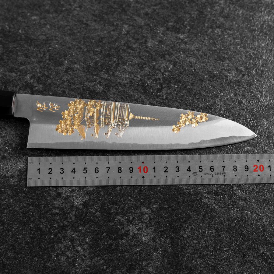 Gyuto White Steel #2 Chokin Kasumi Pagoda Sakura Buffalo Ebony Handle 210mm-[Musashi]-[Japanese-Kitchen-Knives]