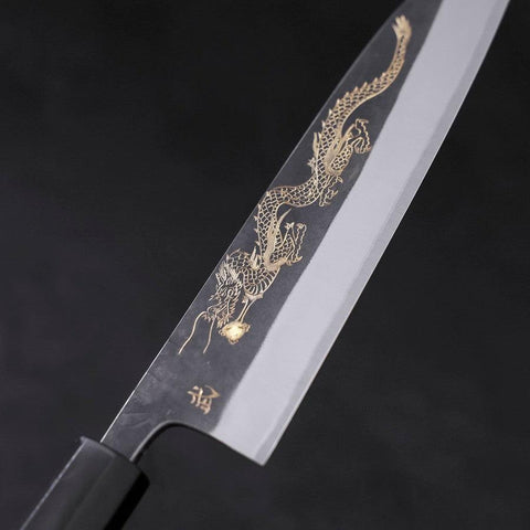 Gyuto White Steel #2 Kurouchi Stainless Clad Chokin Dragon Buffalo Ebony Handle 190mm-[Musashi]-[Japanese-Kitchen-Knives]