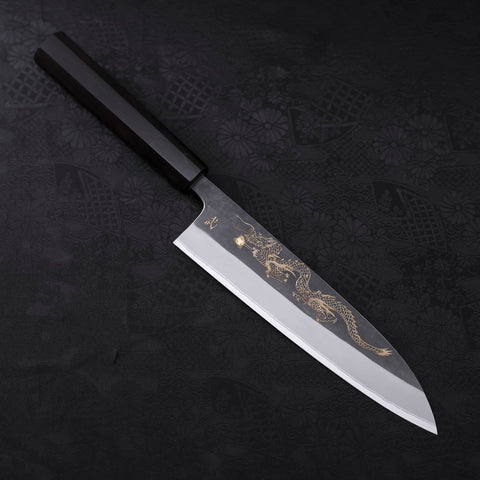 Gyuto White Steel #2 Kurouchi Stainless Clad Chokin Dragon Buffalo Ebony Handle 190mm-[Musashi]-[Japanese-Kitchen-Knives]