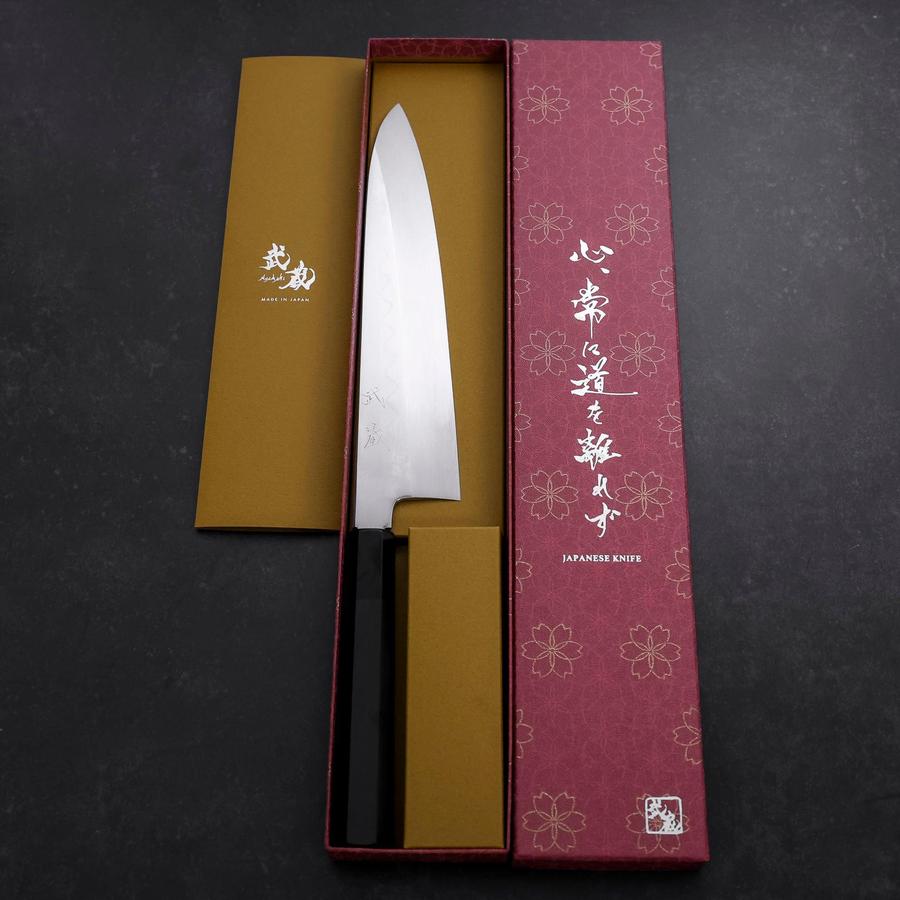 b*a様 【銘入】日本製 牛刀 直刃 木製ハンドル 牛刀 白一水本焼 月富士 鏡面 黒檀水牛柄 240mm – MUSASHI