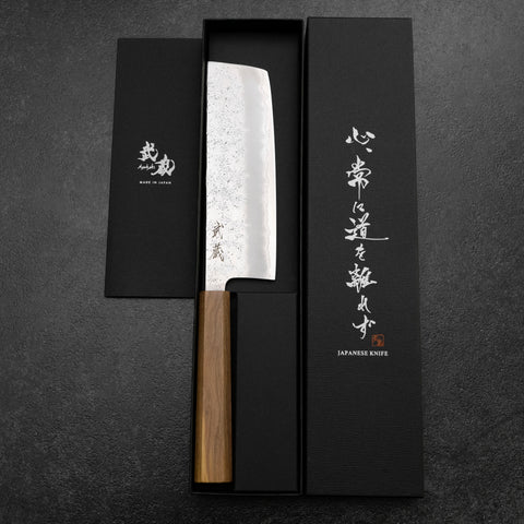 Cuchillo Nakiri de Acero AUS-10 Nashiji Damasco con mango Yaki Urushi, 165 milímetros
