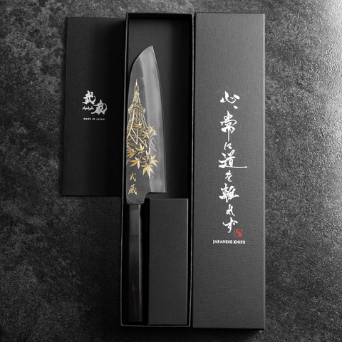 Santoku Blue Steel #2 Kurouchi Chokin Tokyo Tower & Maple Leaves Buffalo Ebony Handle 165mm (6.5")Santoku Blue Steel #2 Kurouchi Chokin Tokyo Tower & Maple Leaves Buffalo Ebony Handle 165mm (6.5")