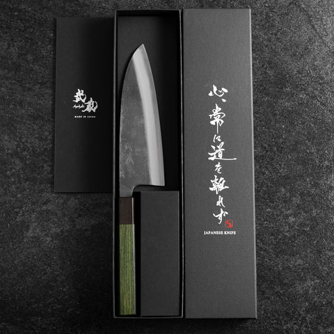 Santoku Stainless Clad Blue Super Kurouchi Green Urushi Handle 165mm (6.5”)