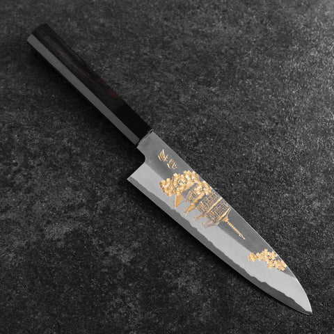 Gyuto White Steel #2 Chokin Kasumi Pagoda Sakura Buffalo Ebony Handle 210mm
