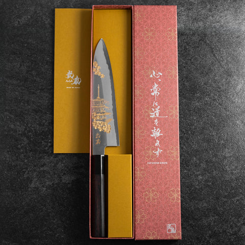 Gyuto White Steel #2 Chokin Kasumi Pagoda Sakura Buffalo Ebony Handle 210mm