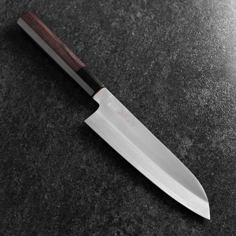 Santoku Stainless Clad Blue Super Polished Buffalo Ebony Handle 180mm
