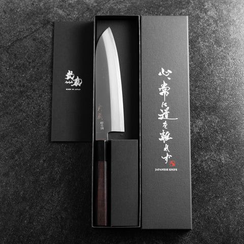 Santoku Stainless Clad Blue Super Polished Buffalo Ebony Handle 180mm