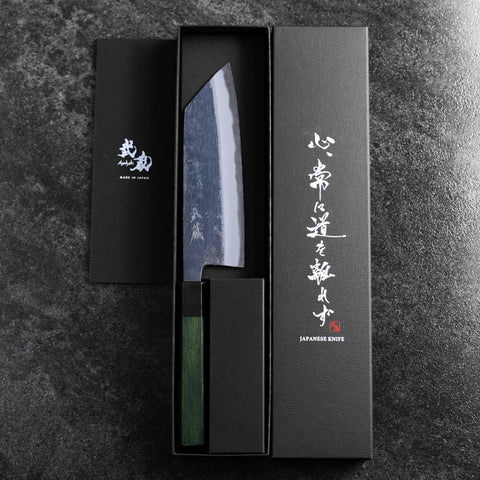 三徳 青紙スーパー 黒打槌目 焼漆柄 165mm