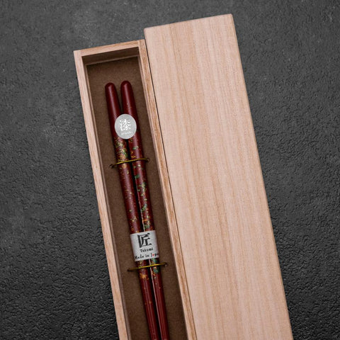 Hosomi Hangai (shell inlay) Lacquered Wooden Chopsticks 215mm Red with Paulownia Wooden Box-[Musashi]-[Japanese-Kitchen-Knives]