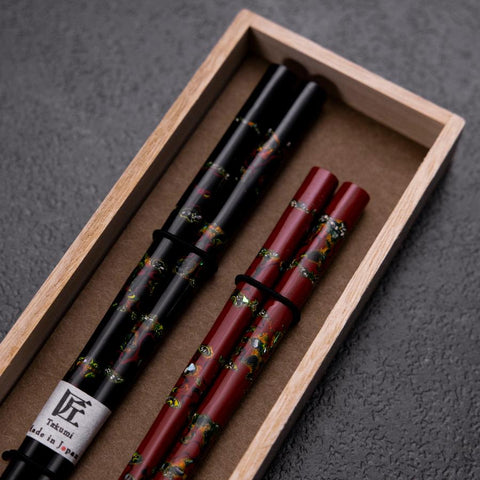 Hosomi Hangai (shell inlay) Lacquered Wooden Chopsticks Set 215mm Red and 235mm Black with Paulownia Wooden Box-[Musashi]-[Japanese-Kitchen-Knives]