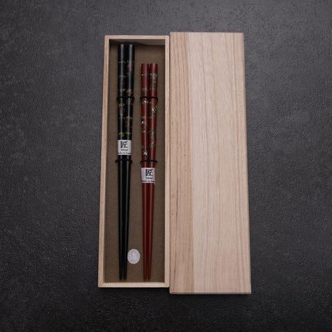 Hosomi Hangai (shell inlay) Lacquered Wooden Chopsticks Set 215mm Red and 235mm Black with Paulownia Wooden Box-[Musashi]-[Japanese-Kitchen-Knives]