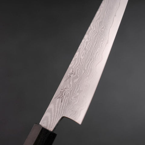 Kengata Petty VG-10 Damascus Ashwood Handle 145mm (5.7”)-[Musashi]-[Japanese-Kitchen-Knives]