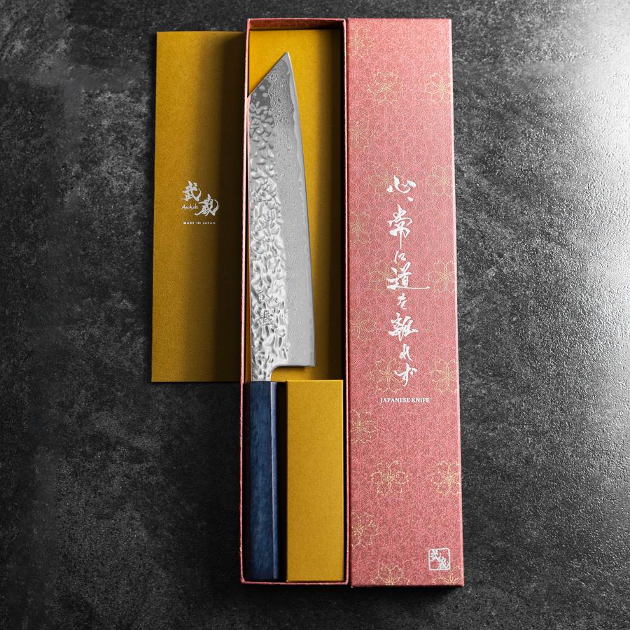 切付 AUS-10 鏡面槌目ダマスカス 焼き漆柄 210mm – MUSASHI