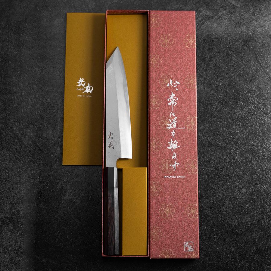 Kiritsuke Blue Steel #1 Suminagashi Buffalo Ebony Handle 200mm-[Musashi]-[Japanese-Kitchen-Knives]