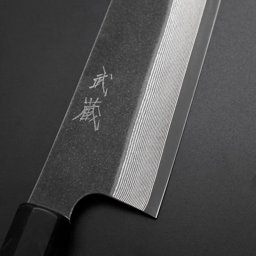 Kiritsuke Cobalt Stainless HRC62 Kurouchi Damascus Buffalo Ebony