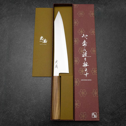Kiritsuke Gyuto Blue Steel #2 Polished Stainless Clad Olive Handle 240mm (9.4”)-[Musashi]-[Japanese-Kitchen-Knives]