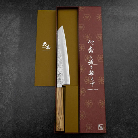 Kiritsuke Gyuto Silver Steel #3 Nashiji Olive Handle 205mm (8.1”)-[Musashi]-[Japanese-Kitchen-Knives]
