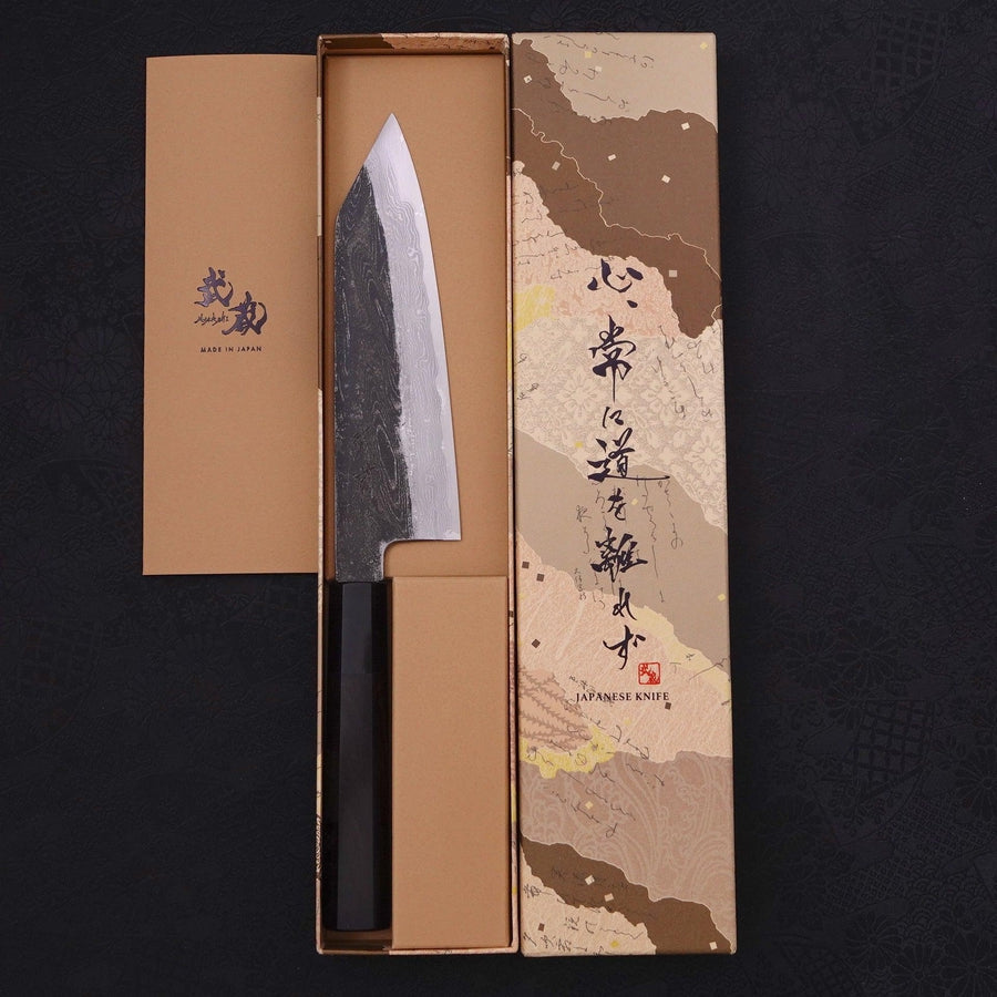 Kiritsuke Santoku Blue steel #1 Kurouchi Suminagashi Buffalo Ebony Handle 170mm-Blue steel #1-Damascus-Japanese Handle-[Musashi]-[Japanese-Kitchen-Knives]