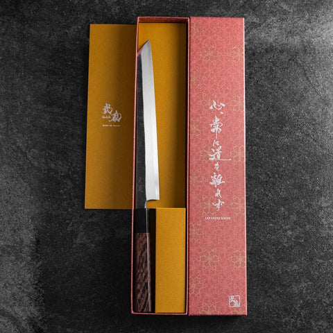 Kiritsuke Yanagiba Blue Steel #2 Kurouchi Buffalo Wenge Handle 240mm (9.4”)-[Musashi]-[Japanese-Kitchen-Knives]