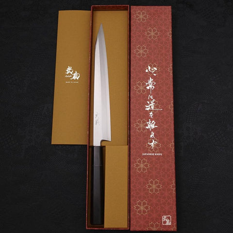 Kiritsuke Yanagiba Silver Steel #3 Kasumi Buffalo Ebony Handle 240mm (9.4”)-[Musashi]-[Japanese-Kitchen-Knives]