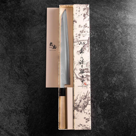 Kiritsuke Yanagiba Silver Steel #3 Kasumi Buffalo Magnolia Handle 300mm (11.8”)-[Musashi]-[Japanese-Kitchen-Knives]