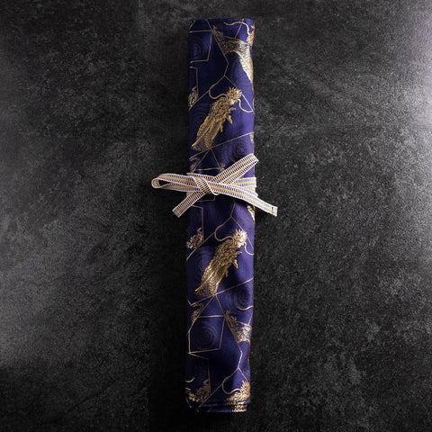 Musashi Japanese Style Kitchen Knife Roll Navy Golden Dargon 4 Pockets Handmade-[Musashi]-[Japanese-Kitchen-Knives]