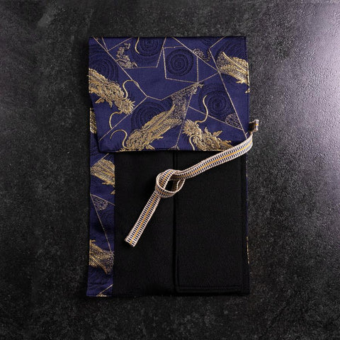 Musashi Japanese Style Kitchen Knife Roll Navy Golden Dragon 1 Pocket Handmade-[Musashi]-[Japanese-Kitchen-Knives]