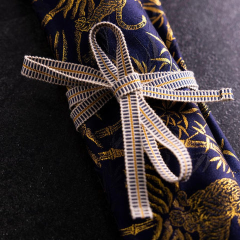 Musashi Japanese Style Kitchen Knife Roll Navy Golden Tora (Tiger) 4 Pockets Handmade-[Musashi]-[Japanese-Kitchen-Knives]