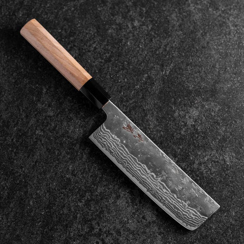 Nakiri 440C Nashiji Damascus Buffalo Walnut Handle 165mm-[Musashi]-[Japanese-Kitchen-Knives]