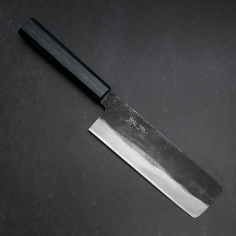 Nakiri Blue Steel #1 Kurouchi Dark Blue Urushi Handle 165mm (6.5”)-[Musashi]-[Japanese-Kitchen-Knives]