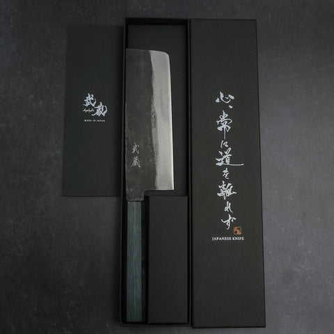 Nakiri Blue Steel #1 Kurouchi Dark Blue Urushi Handle 165mm-[Musashi]-[Japanese-Kitchen-Knives]