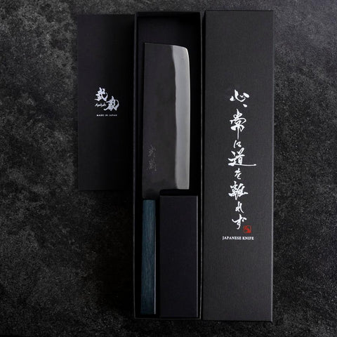 Nakiri Blue Steel #1 Stainless Clad Kurouchi Blue Urushi Handle 165mm (6.5”)-[Musashi]-[Japanese-Kitchen-Knives]