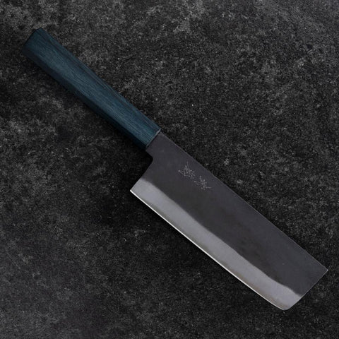 Nakiri Blue Steel #1 Stainless Clad Kurouchi Blue Urushi Handle 165mm (6.5”)-[Musashi]-[Japanese-Kitchen-Knives]