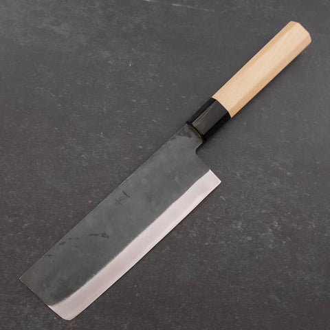 Nakiri Blue Steel #1 Stainless Clad Kurouchi Buffalo Magnolia Handle 165mm (6.5”)-[Musashi]-[Japanese-Kitchen-Knives]