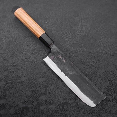 Nakiri Blue Steel #2 Kurouchi Buffalo Teak Handle 165mm (6.5”)-[Musashi]-[Japanese-Kitchen-Knives]