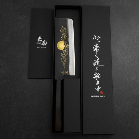 Nakiri Blue Steel #2 Kurouchi Chokin Auspicious Cloud-Sun Buffalo Ebony Handle 165mm (6.5”)-[Musashi]-[Japanese-Kitchen-Knives]