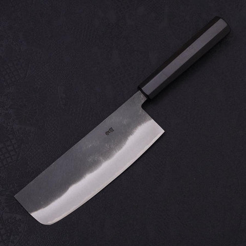 Nakiri Blue Steel #2 Kurouchi Chokin Kappa Fishing Focus Buffalo Ebony Handle 165mm (6.5”)-[Musashi]-[Japanese-Kitchen-Knives]