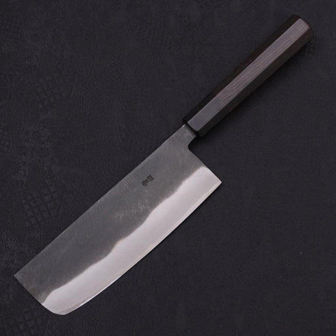 Nakiri Blue Steel #2 Kurouchi Chokin Kappa Fishing Slipping Buffalo Ebony Handle 165mm (6.5”)-[Musashi]-[Japanese-Kitchen-Knives]