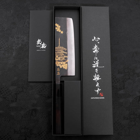 Nakiri Blue Steel #2 Kurouchi Chokin Sakura Five Story Pagoda Buffalo Ebony Handle 165mm (6.5”)-[Musashi]-[Japanese-Kitchen-Knives]