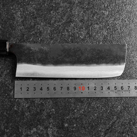 Nakiri Blue Steel #2 Kurouchi Damascus Buffalo Magnolia Handle 165mm-[Musashi]-[Japanese-Kitchen-Knives]