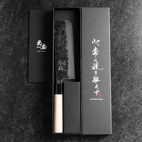 Nakiri Blue Steel #2 Kurouchi Magnolia Round Handle 165mm (6.5”)-[Musashi]-[Japanese-Kitchen-Knives]