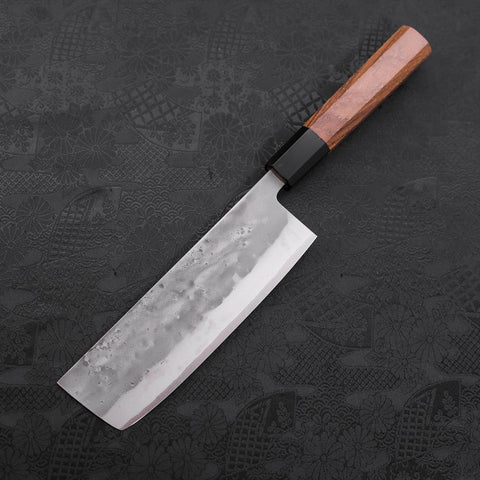 Nakiri Blue Steel #2 Stainless Clad Nashiji Buffalo Teak Handle 165mm (6.5”)-[Musashi]-[Japanese-Kitchen-Knives]