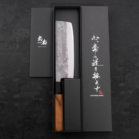 Nakiri Blue Steel #2 Stainless Clad Nashiji Buffalo Teak Handle 165mm (6.5”)-[Musashi]-[Japanese-Kitchen-Knives]
