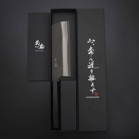 Nakiri Cobalt Stainless HRC62 Kurouchi Damascus Buffalo Ebony Handle 165mm-[Musashi]-[Japanese-Kitchen-Knives]