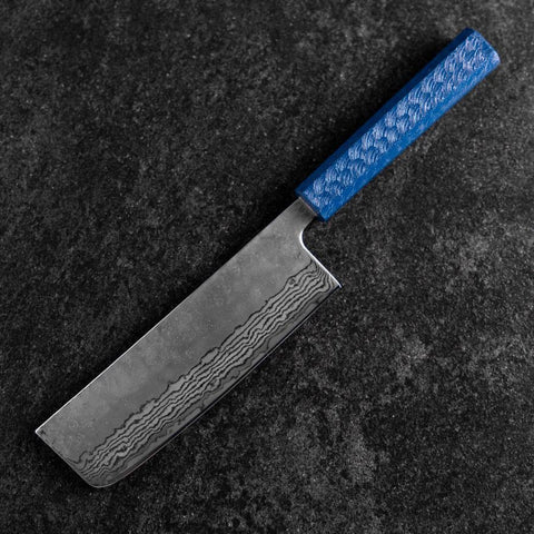 Nakiri Silver Steel #3 Nashiji Mirror Damascus Blue Urushi Handle 165mm-[Musashi]-[Japanese-Kitchen-Knives]
